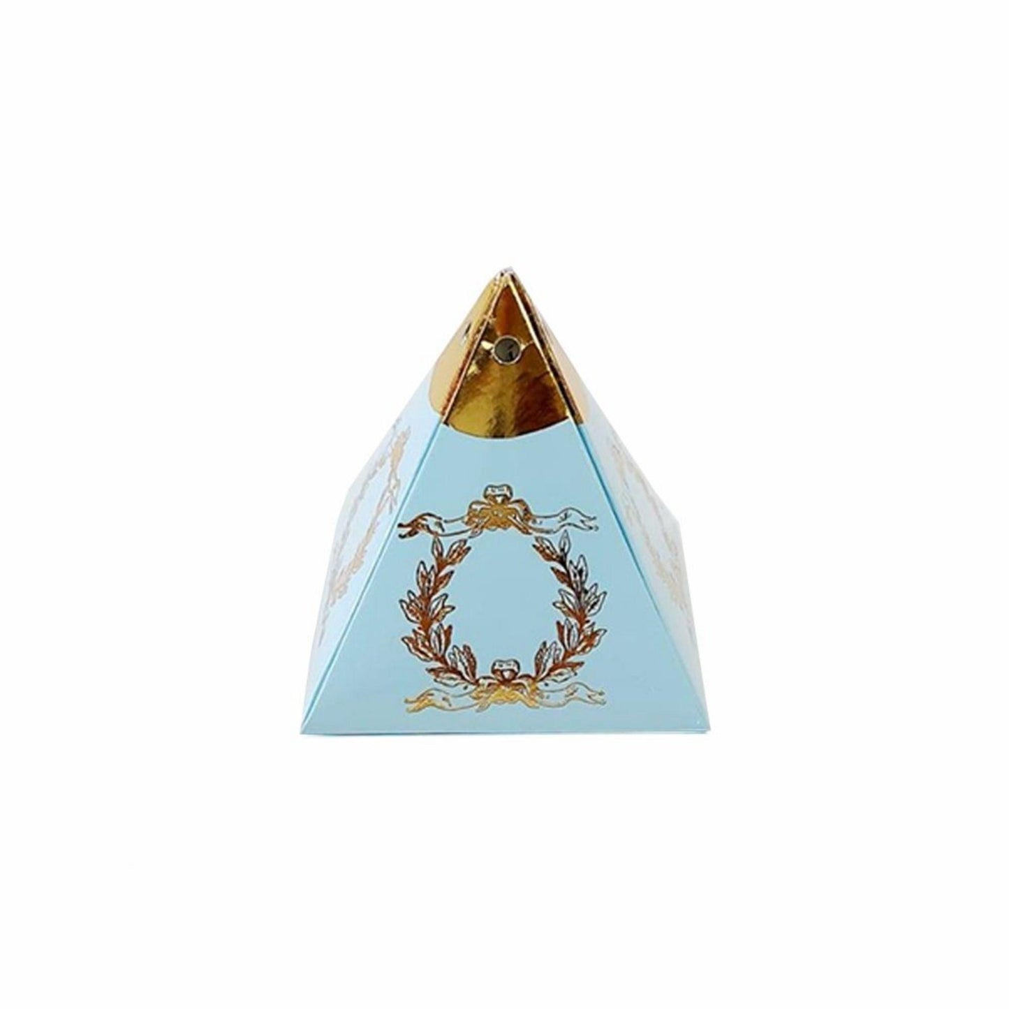 Hellblaue Pyramiden-Geschenkbox mit Goldornament