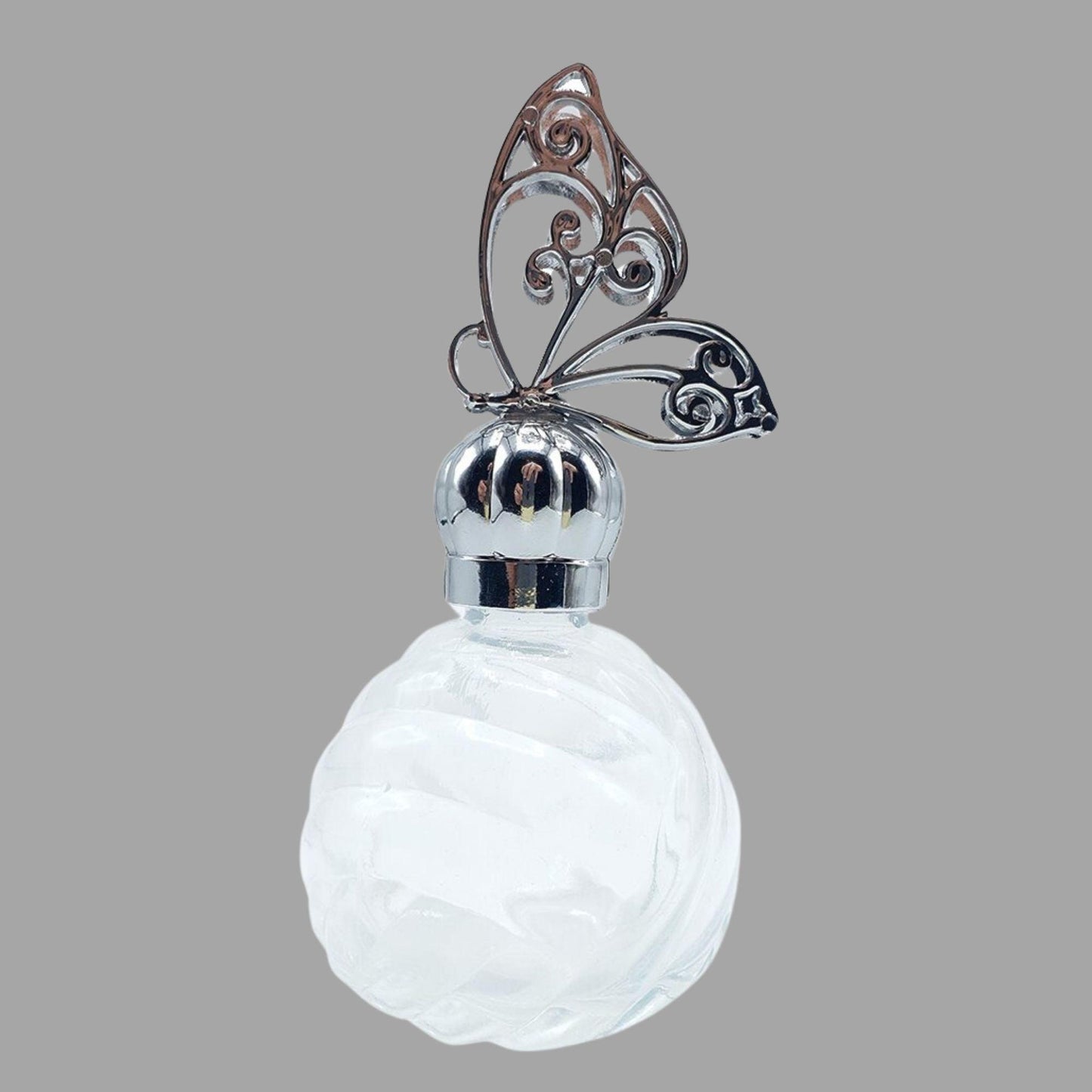 Runde Glasflasche mit floralem Ornamentdeckel