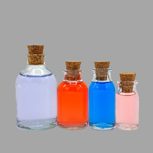 Runde Glasflasche mit Korkverschluss, verschiedenen Farben