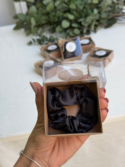 Gastgeschenk Set Haargummi Schwarz in Kraftbox (für 50 Gäste)