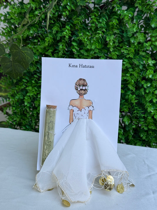 Gastgeschenk Set Henna-Röhrchen mit weißem Tuch und Brautkarte (für 50 Gäste)